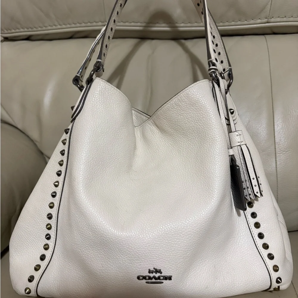 Coach White Leather Hobo Bag with Stud Accents